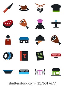 Color and black flat icon set - cafe vector, waiter, cook, restaurant table, hat, wine card, reserved, plates, building, receipt, chicken, steak, ham, bowl, knife, sushi, storefront