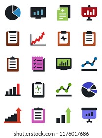 Color and black flat icon set - growth statistic vector, monitor, diagnosis, pulse clipboard, statistics, bar graph, pie, checklist, point, presentation
