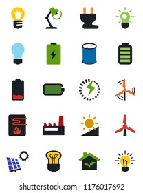 Color and black flat icon set - bulb vector, oil barrel, battery, low, brightness, charge, desk lamp, sun panel, windmill, factory, eco house, power plug, water heater, idea