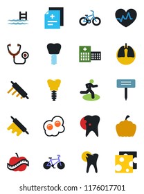 Color and black flat icon set - plant label vector, pumpkin, heart pulse, diagnosis, stethoscope, bike, run, lungs, caries, implant, diet, hospital, pool, rolling pin, omelette, cheese