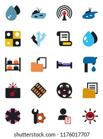 Color and black flat icon set - bomb in case vector, bed, luggage storage, contract, water drop, pills blister, ambulance star, patient, route, folder document, reel, antenna, application, pond