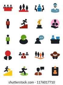 Color and black flat icon set - manager vector, speaking man, pedestal, team, place, run, doctor, support, client, speaker, meeting, career ladder, estate agent, dress code, pass card