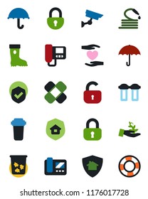 Color and black flat icon set - trash bin vector, boot, hose, patch, heart hand, umbrella, shield, lock, estate insurance, intercome, water filter, home protect, surveillance, palm sproute