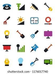 Color and black flat icon set - presentation board vector, bulb, job, garden fork, shovel, brightness, cellular signal, drawing pin, ink pen, plan, phone, rolling, pc