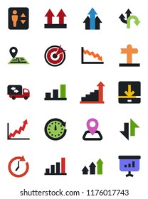 Color and black flat icon set - elevator vector, growth statistic, route, signpost, navigation, up side sign, data exchange, download, bar graph, moving, target, arrow, clock, crisis, presentation
