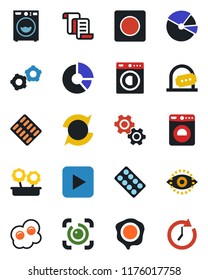 Color and black flat icon set - ticket office vector, washer, gear, contract, circle chart, stamp, pills blister, play button, record, eye id, update, pie graph, flower in pot, omelette, clock