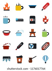 Color and black flat icon set - hot cup vector, coffee machine, fire, fireplace, thermometer, air conditioner, dog, bowl, steaming pan, turkish, balloon