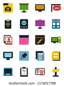 Color and black flat icon set - passport vector, office binder, document, pulse clipboard, monitor, laptop pc, notes, photo gallery, presentation board, blank box, sale, pass card, certificate