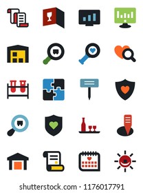 Color and black flat icon set - contract vector, statistic monitor, plant label, blood test vial, heart diagnostic, shield, medical calendar, warehouse, search cargo, application, alcohol, wine card