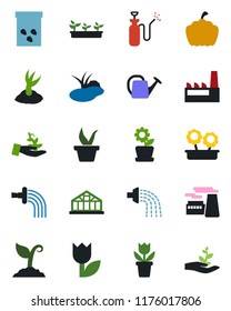 Color and black flat icon set - factory vector, flower in pot, seedling, watering can, sproute, pumpkin, greenhouse, seeds, pond, garden sprayer, tulip, palm