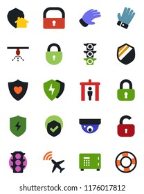 Color and black flat icon set - plane radar vector, security gate, safe, lock, glove, heart shield, traffic light, protect, home, surveillance, sprinkler, crisis management