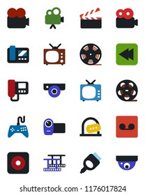 Color and black flat icon set - ticket office vector, clapboard, film frame, reel, tv, gamepad, video camera, rewind, rec button, hdmi, record, web, intercome, surveillance