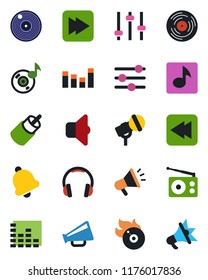 Color and black flat icon set - vinyl vector, flame disk, microphone, radio, loudspeaker, equalizer, headphones, fast forward, rewind, rca, tuning, bell, music, sound, advertising