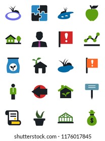 Color and black flat icon set - left arrow vector, manager, contract, seedling, plant label, greenhouse, pond, fertilizer, important flag, application, point graph, house with tree, estate agent
