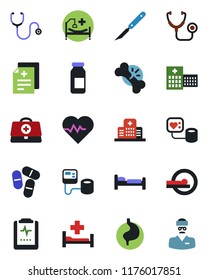 Color and black flat icon set - bed vector, heart pulse, doctor case, diagnosis, stethoscope, blood pressure, pills, ampoule, scalpel, tomography, hospital, stomach, broken bone, clipboard