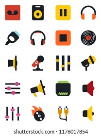 Color and black flat icon set - vinyl vector, flame disk, microphone, speaker, loudspeaker, settings, headphones, pause button, stop, rca, hdmi, tuning, record, sound