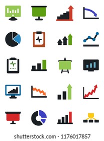 Color and black flat icon set - growth statistic vector, presentation board, monitor, circle chart, pulse clipboard, statistics, bar graph, pie, point, arrow up, crisis, hierarchy