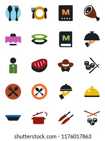 Color and black flat icon set - spoon and fork vector, waiter, dish, restaurant table, cafe, menu, plates, dress code, steak, kebab, ham, bowl, steaming pan, sushi