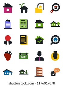 Color and black flat icon set - house vector, real heart, contract, with garage, tree, estate document, rent, search, agent, city, eco, home message