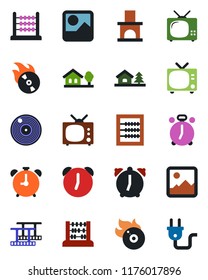 Color and black flat icon set - alarm clock vector, tv, abacus, fireplace, film frame, vinyl, flame disk, gallery, house with tree, power plug