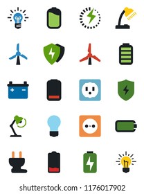 Color and black flat icon set - bulb vector, battery, low, protect, charge, desk lamp, windmill, socket, power plug, idea