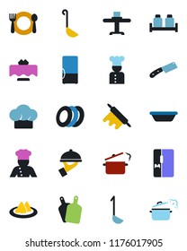 Color and black flat icon set - fridge vector, cook, restaurant table, serviette, cafe, hat, plates, waiter, salt and pepper, ladle, bowl, rolling pin, cutting board, knife, steaming pan