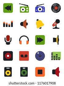 Color and black flat icon set - vinyl vector, microphone, radio, speaker, equalizer, headphones, stop button, fast forward, rewind, rec, bell, record, sound