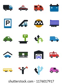 Color and black flat icon set - dispatcher vector, taxi, airport bus, parking, alarm car, ladder, ambulance, route, truck trailer, delivery, heavy scales, railroad, garage, battery
