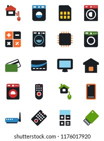 Color and black flat icon set - washer vector, calculator, monitor, phone back, sim, smart home, credit card, control, chip, remote, router, usb flash