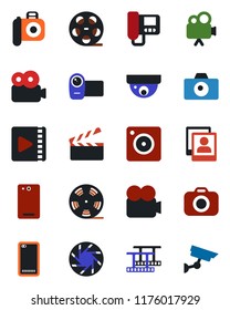 Color and black flat icon set - camera vector, clapboard, film frame, reel, video, phone back, mobile, photo gallery, intercome, surveillance