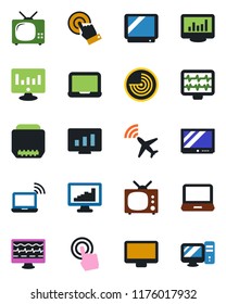 Color and black flat icon set - plane radar vector, wireless notebook, pc, statistic monitor, pulse, tv, touch screen, laptop, hdmi, statistics