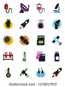 Color and black flat icon set - satellite antenna vector, blood test vial, dropper, microscope, ampoule, real heart, joint, virus, sd, thermometer, rocket