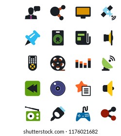 Color and black flat icon set - satellite antenna vector, reel, vinyl, radio, news, speaker, gamepad, equalizer, remote control, monitor, share, favorites list, paper pin, rewind, hdmi, sound