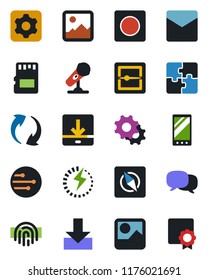 Color and black flat icon set - microphone vector, mobile, message, update, gallery, settings, mail, record, scanner, sd, network, download, compass, fingerprint id, charge, application, sertificate