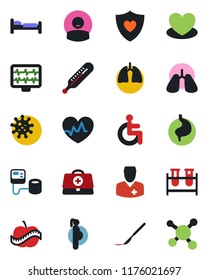 Color and black flat icon set - bed vector, heart, pulse, monitor, doctor case, blood pressure, test vial, thermometer, scalpel, shield, disabled, stomach, lungs, diet, patient, pregnancy, virus
