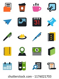 Color and black flat icon set - book vector, document search, notepad, coffee, calendar, pin, paper, gallery, cut, folder, blank box, checklist, pen, serviette, cash, plane, contract