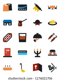 Color and black flat icon set - serviette vector, wine card, reserved, drink, waiter, bread, cafe building, candle, table, vip zone, dress code, credit, kebab, hot dog, ladle, rolling pin, sushi