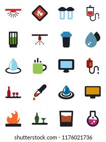 Color and black flat icon set - hot cup vector, water drop, dropper, flammable, monitor, alcohol, drink, filter, sprinkler, flask