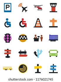 Color and black flat icon set - airport tower vector, plane radar, taxi, bus, parking, passport control, signpost, border cone, helicopter, disabled, route, traffic light, truck trailer, guidepost