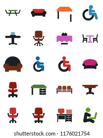 Color and black flat icon set - cafe vector, waiting area, disabled, office chair, desk, picnic table, cushioned furniture, restaurant, man with notebook