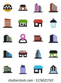 Color and black flat icon set - taxi vector, shop, office building, garden light, navigation, store, city house, cafe, storefront