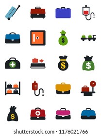 Color and black flat icon set - suitcase vector, baggage conveyor, larry, luggage storage, scales, checkroom, case, money bag, doctor, dropper