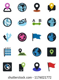 Color and black flat icon set - seat map vector, route, navigation, earth, pin, mobile tracking, network, place tag, compass, flag