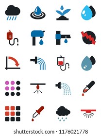 Color and black flat icon set - crisis graph vector, watering, water drop, rain, drip irrigation, dropper, menu, supply, sprinkler