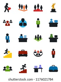 Color and black flat icon set - manager vector, pedestal, team, place, client, case, company, desk, career ladder, group
