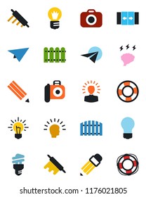 Color and black flat icon set - automatic door vector, brainstorm, bulb, camera, pencil, fence, rolling pin, energy saving, shining head, idea, paper plane, crisis management