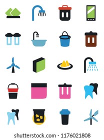 Color and black flat icon set - trash bin vector, shower, bucket, tooth, mobile, blank box, bathroom, serviette, water filter, windmill