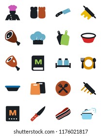 Color and black flat icon set - cook vector, cafe, hat, menu, bacon, salt and pepper, ham, bowl, rolling pin, cutting board, knife, steaming pan