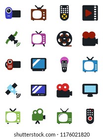 Color and black flat icon set - tv vector, reel, satellite, video camera, remote control, monitor