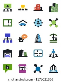 Color and black flat icon set - hierarchy vector, well, molecule, hospital, office building, garage, plan, home message